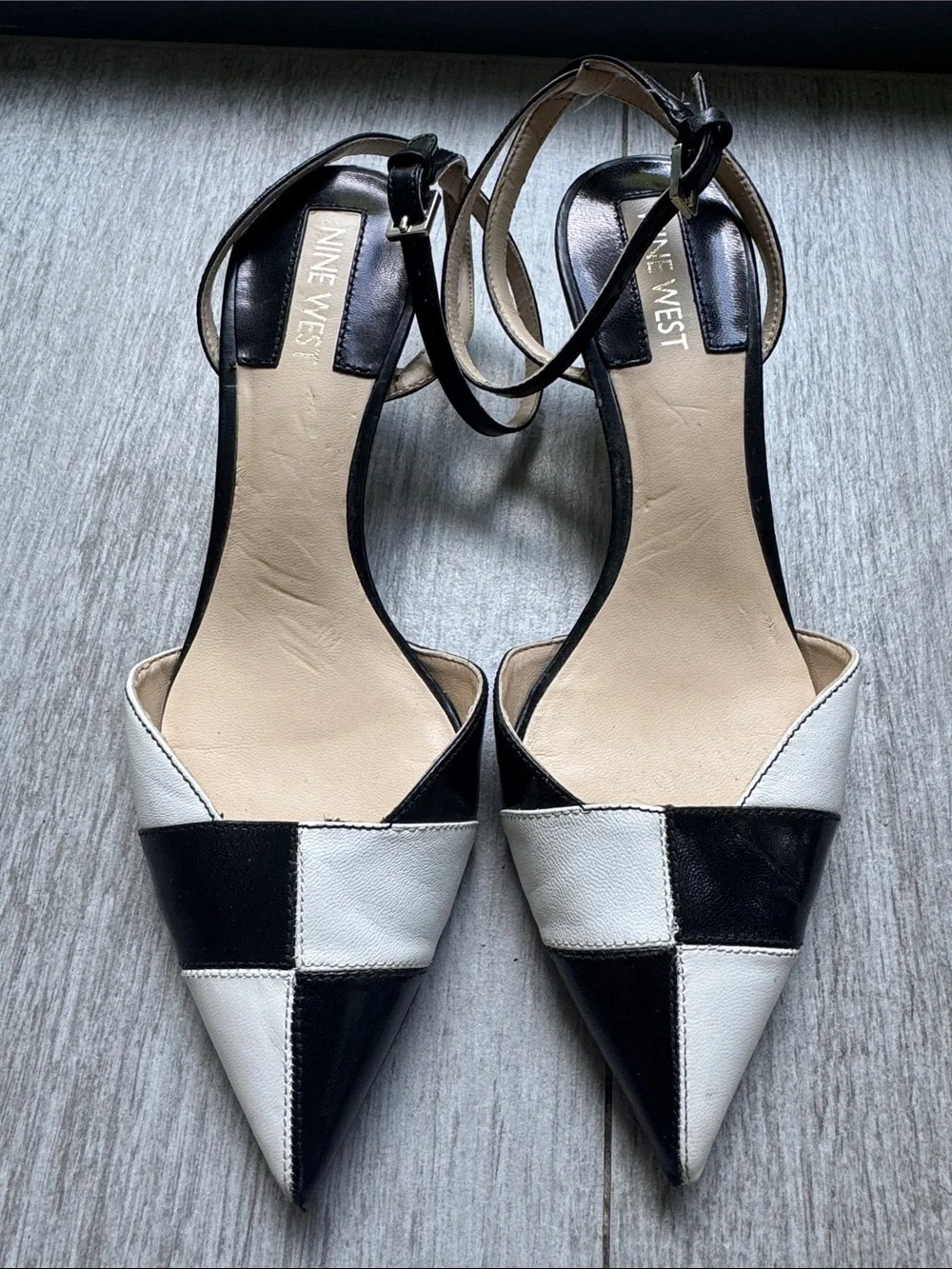 Nine West Black & White Pointed Toe Ankle Strap Heels vintage size 6.5